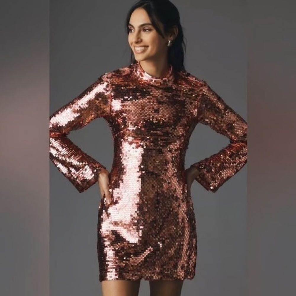 Maeve Long -sleeve Mock-Neck Sequin Mini Dress